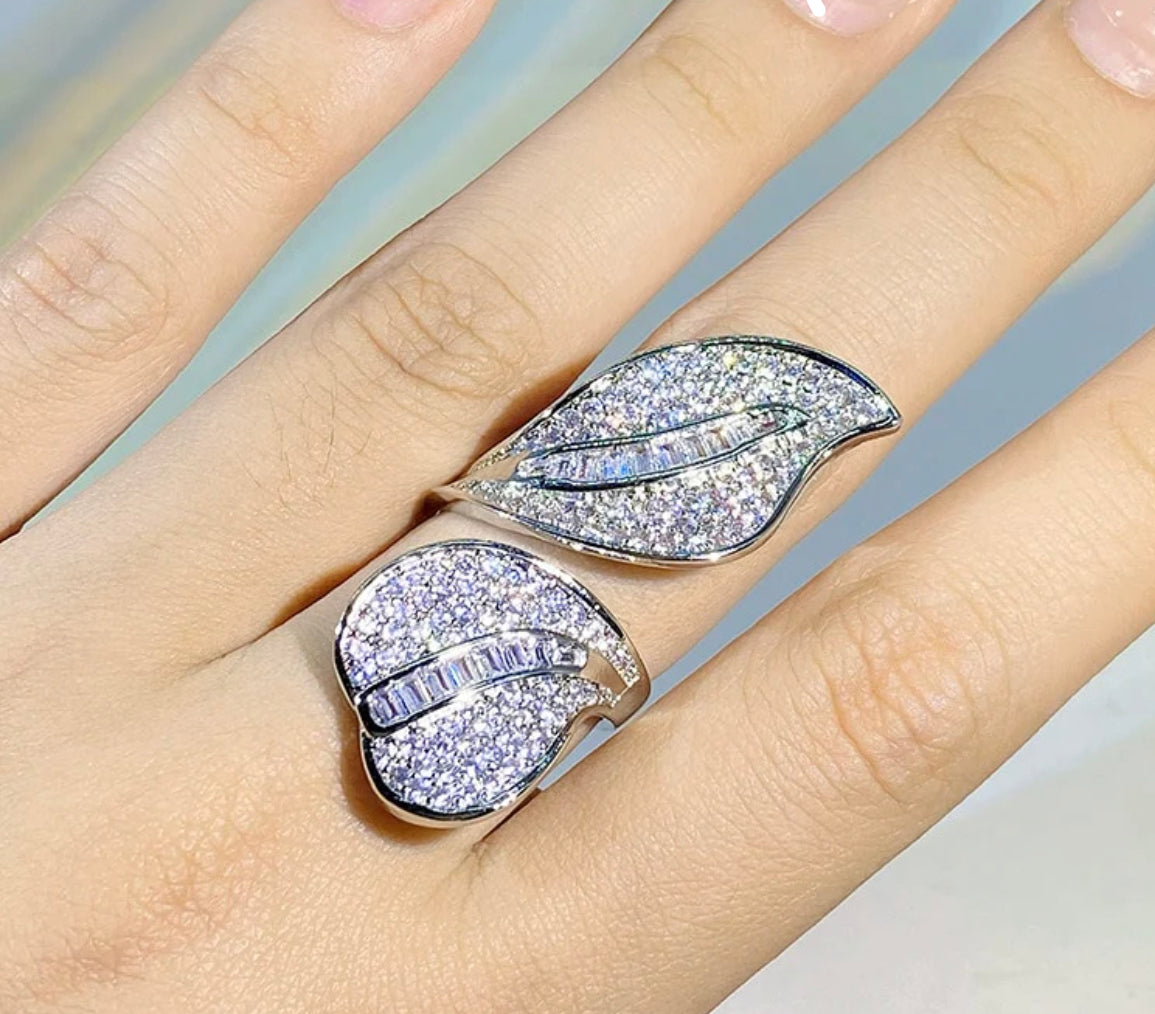 Large Leaf 925 Silver Micro-Set Zircon Diamond Ring Jewelry