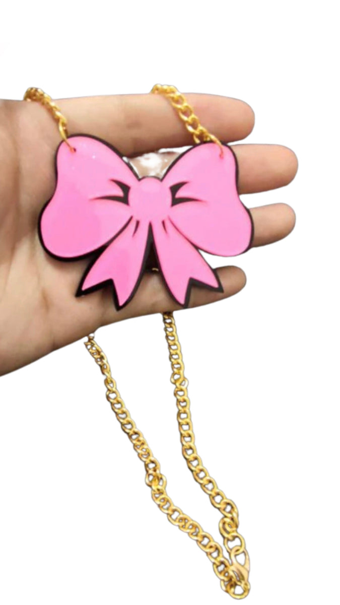 Pink Bow Pendant Necklace Acrylic, Gold Chain Fashion Jewelry