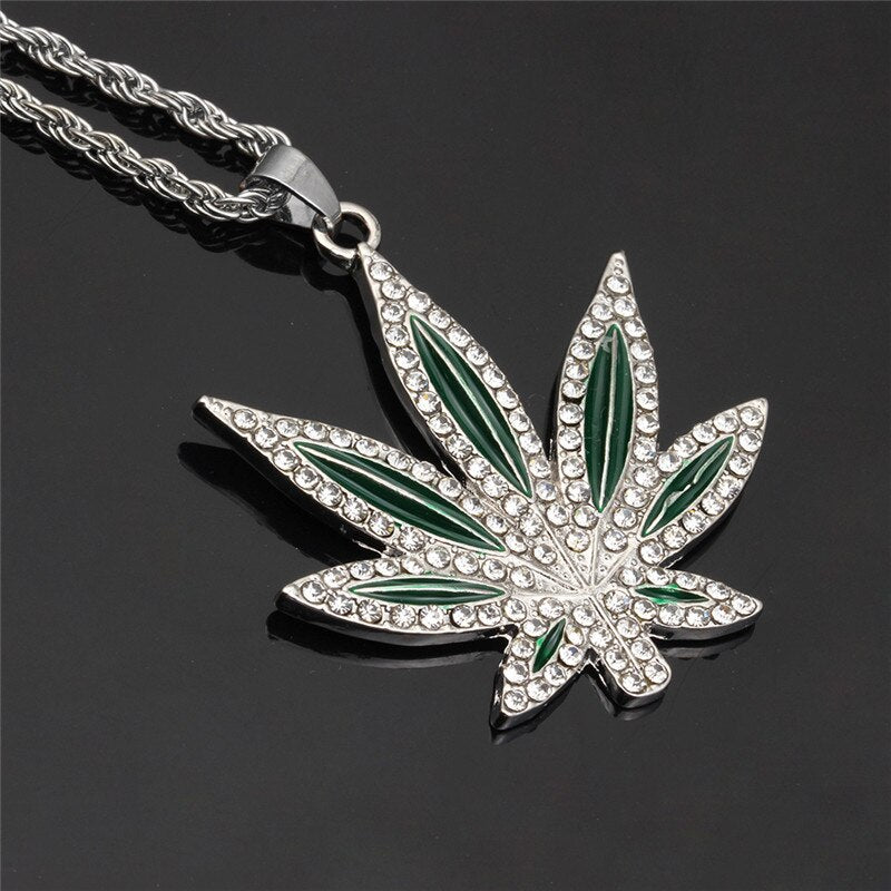 Rhinestone Weed Pendant Necklace Jewelry