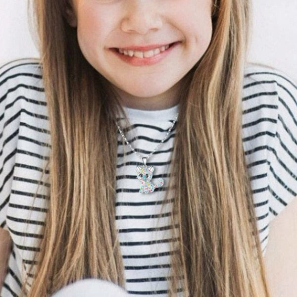 Girls Cute Cat Pendant Necklace Children Fashion Crystal Necklaces Jewelry