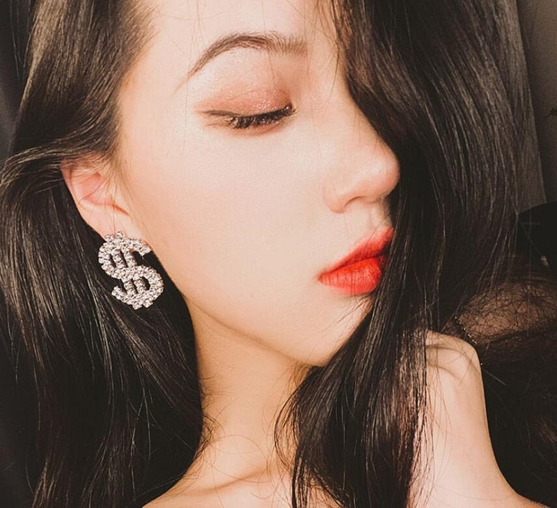 Money Sign Rhinestone Earrings Stud Jewelry