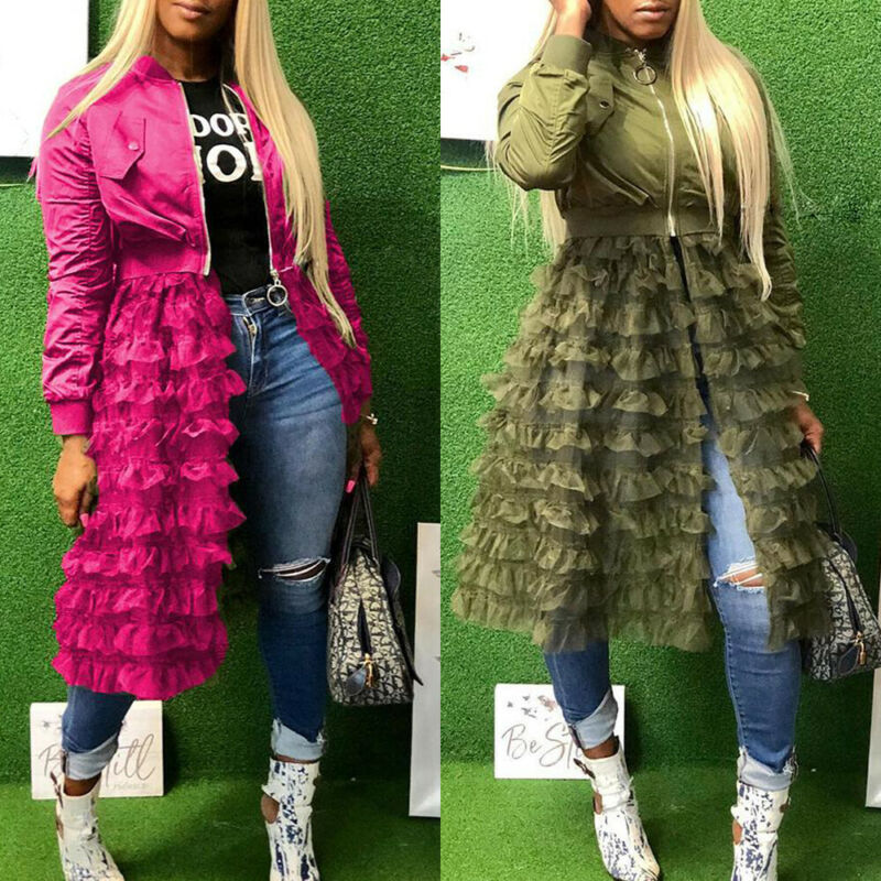 Ruffled Mesh Coats Zip Up Women Long Sleeve Long Jacket Coat