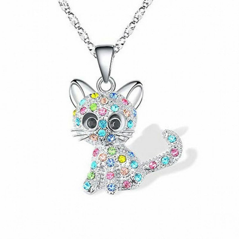 Girls Cute Cat Pendant Necklace Children Fashion Crystal Necklaces Jewelry
