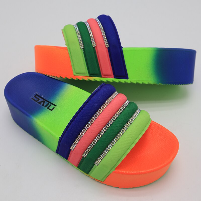Rainbow With Rhinestones Platform Wedges Casual Shoes