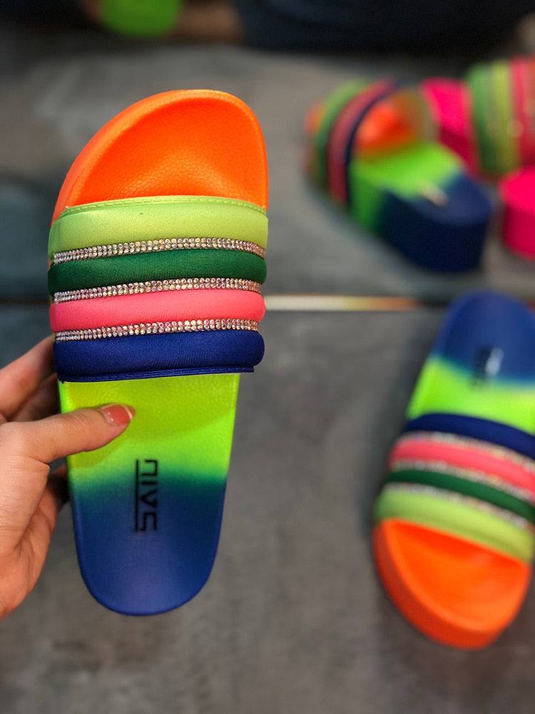 Rainbow With Rhinestones Platform Wedges Casual Shoes