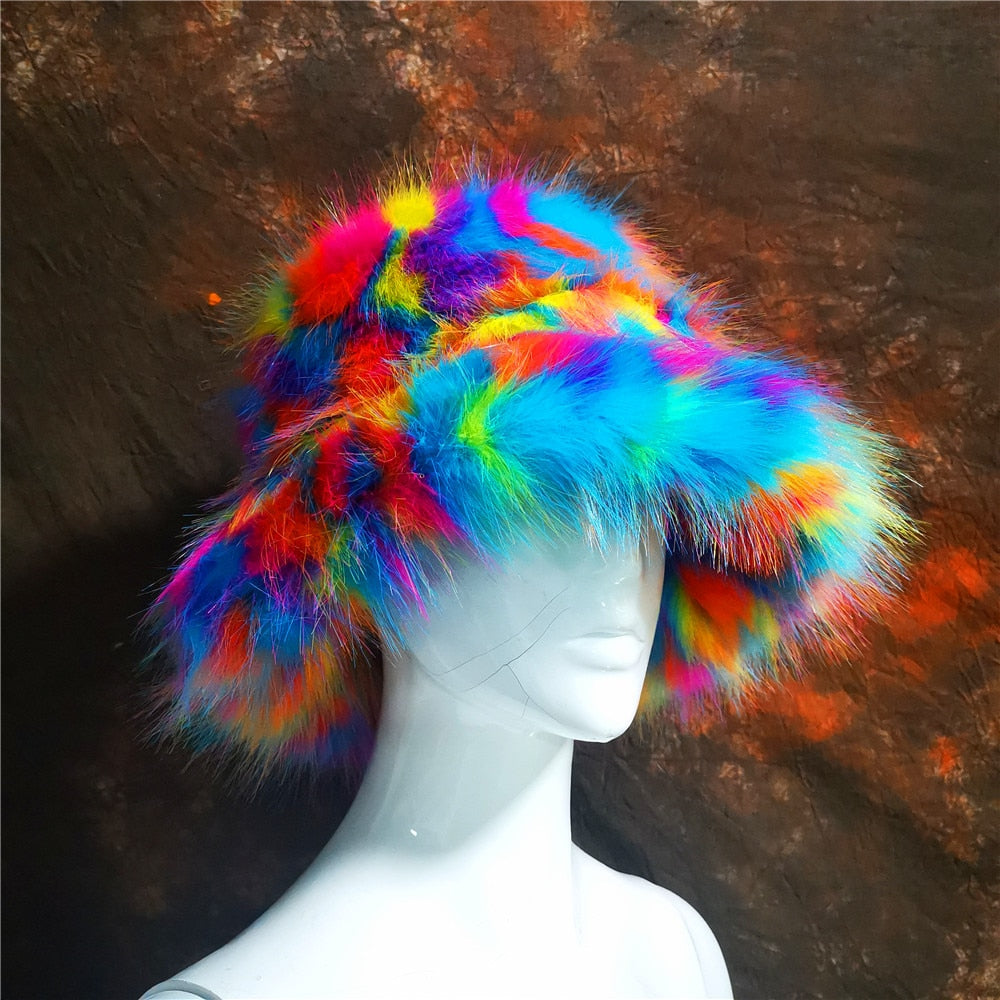 Rainbow Faux Fur Cap Fashion Bucket Hat