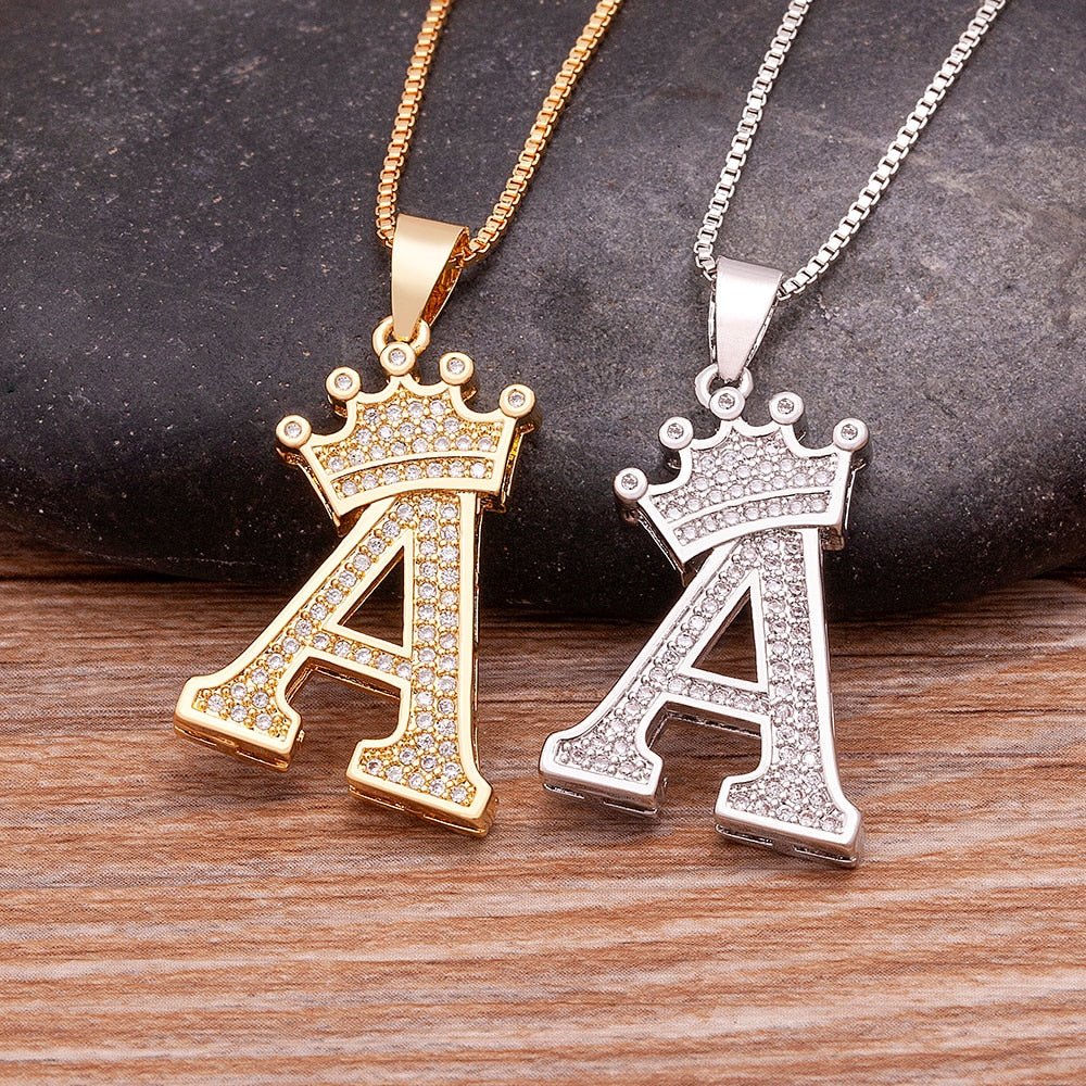 A-Z Crown Alphabet Pendant Chain Necklace Jewelry
