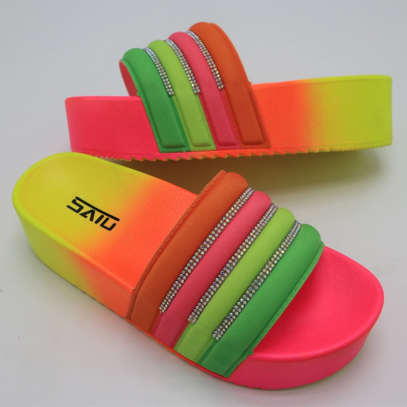 Rainbow With Rhinestones Platform Wedges Casual Shoes