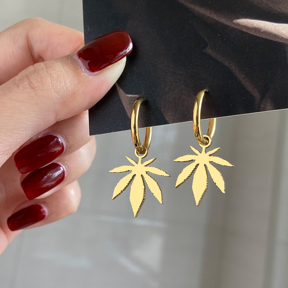Stainless Steel Small Leaf Hoop Earrings Jewelry