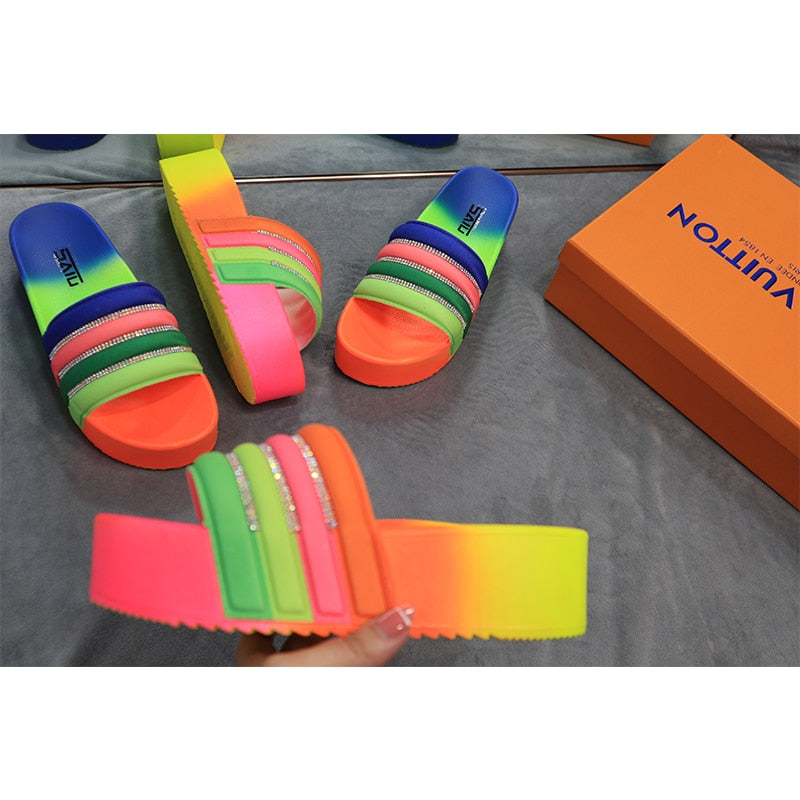 Rainbow With Rhinestones Platform Wedges Casual Shoes