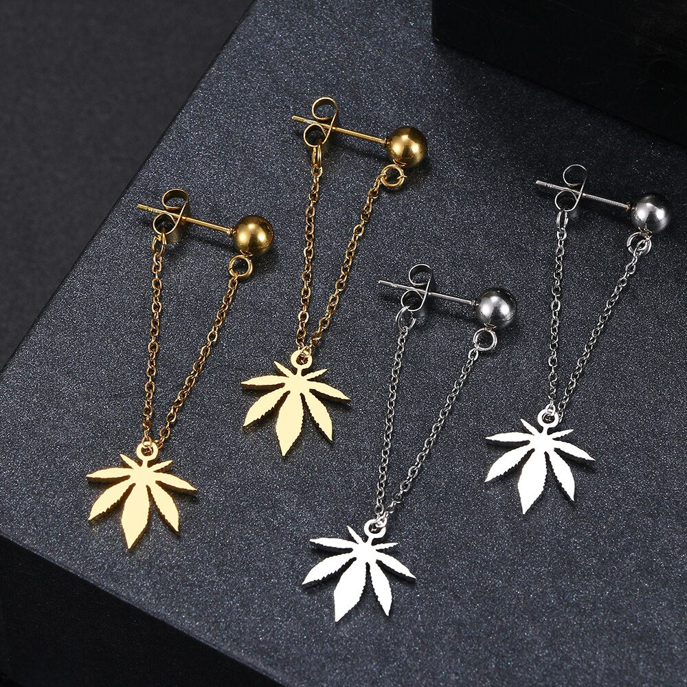 Stainless Steel Earrings Chain Weed Leaf Back Hanging Drop Earrings Jewelry