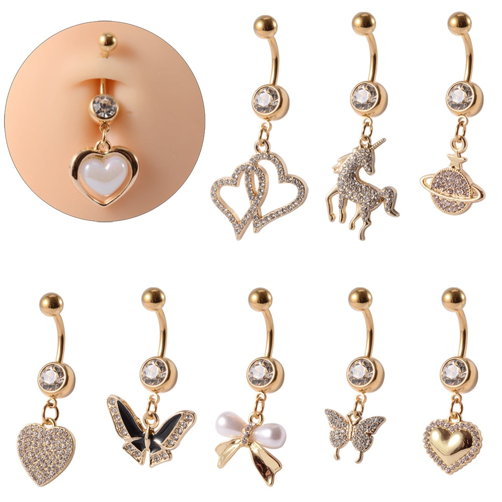Gold Navel Piercings Dangling Belly Button Rings Body Jewelry