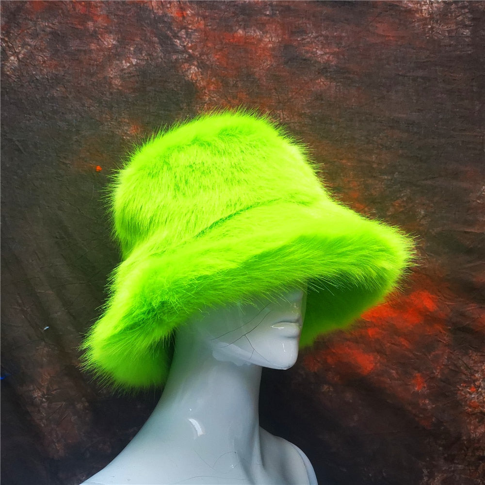 Rainbow Faux Fur Cap Fashion Bucket Hat