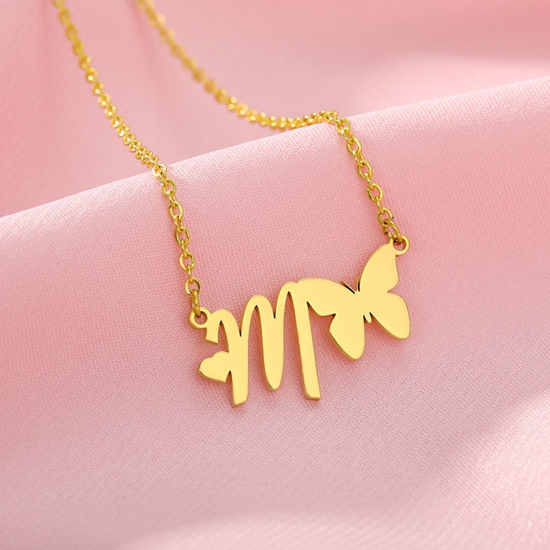 Butterfly Initial Necklace Jewelry Stainless Steel
