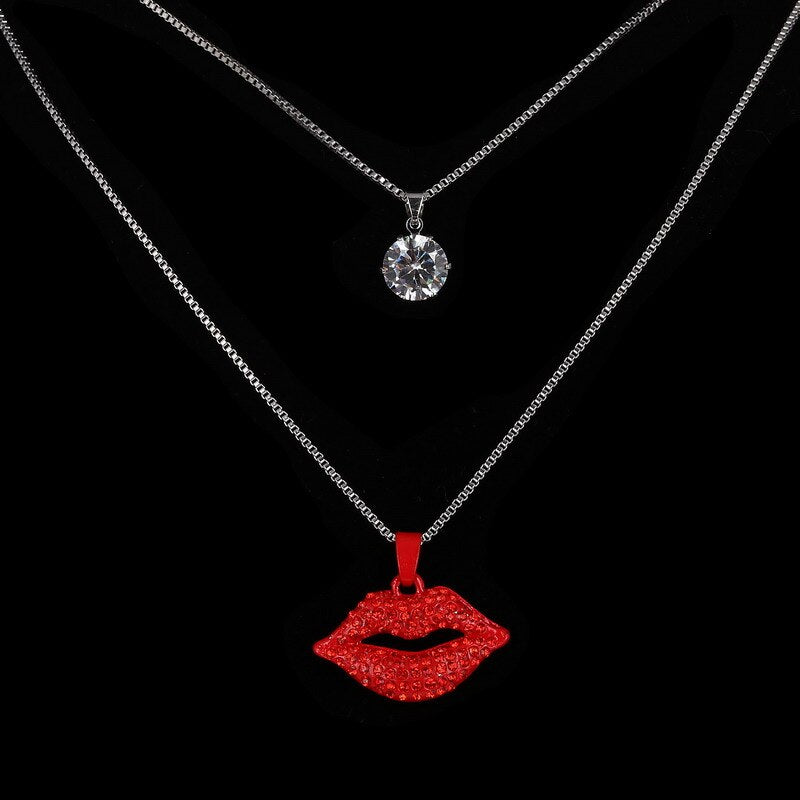 Rhinestone Double Lip Long Necklace Pendants Jewelry Necklaces
