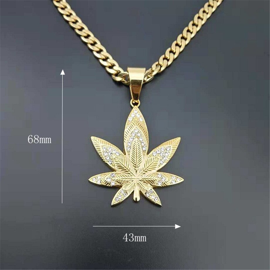 Weed Leaf Pendant Stainless Steel Rhinestones Necklaces Jewelry