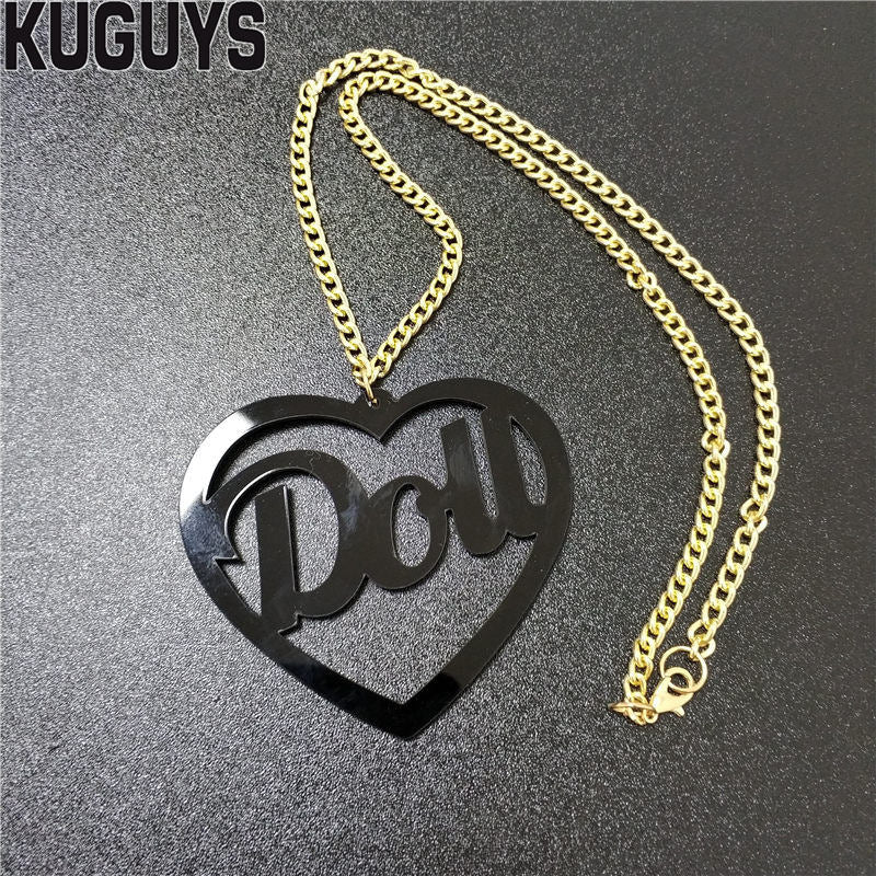 Doll Heart Pendant Necklaces Acrylic Glitter Pink Black White Jewelry Chain