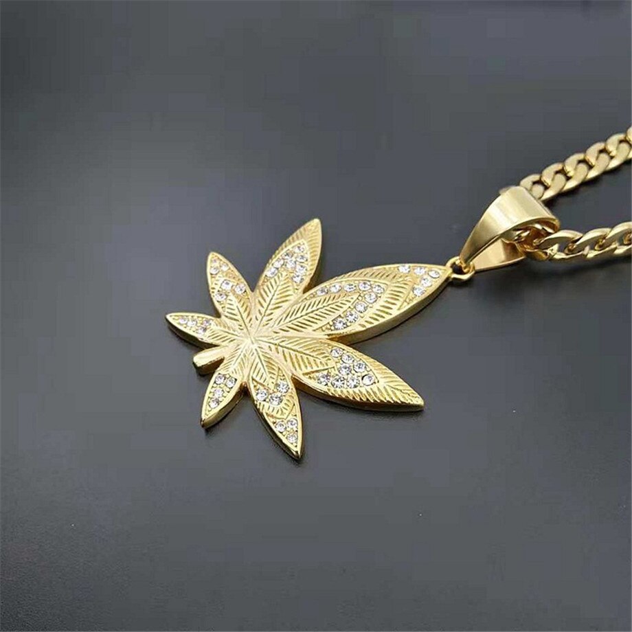 Weed Leaf Pendant Stainless Steel Rhinestones Necklaces Jewelry