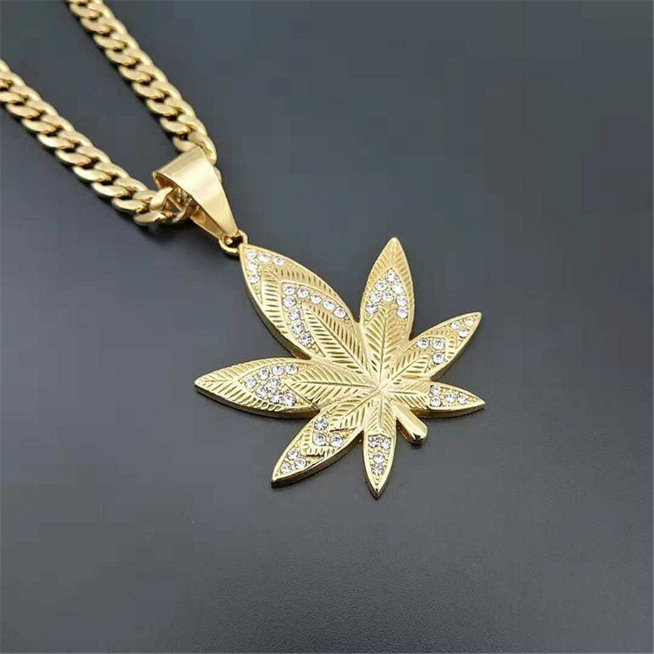 Weed Leaf Pendant Stainless Steel Rhinestones Necklaces Jewelry