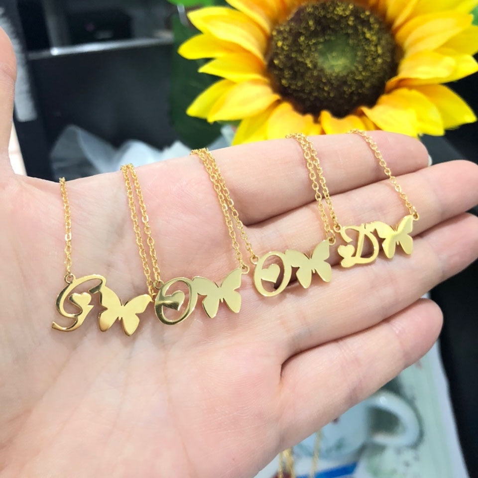 Butterfly Initial Necklace Jewelry Stainless Steel