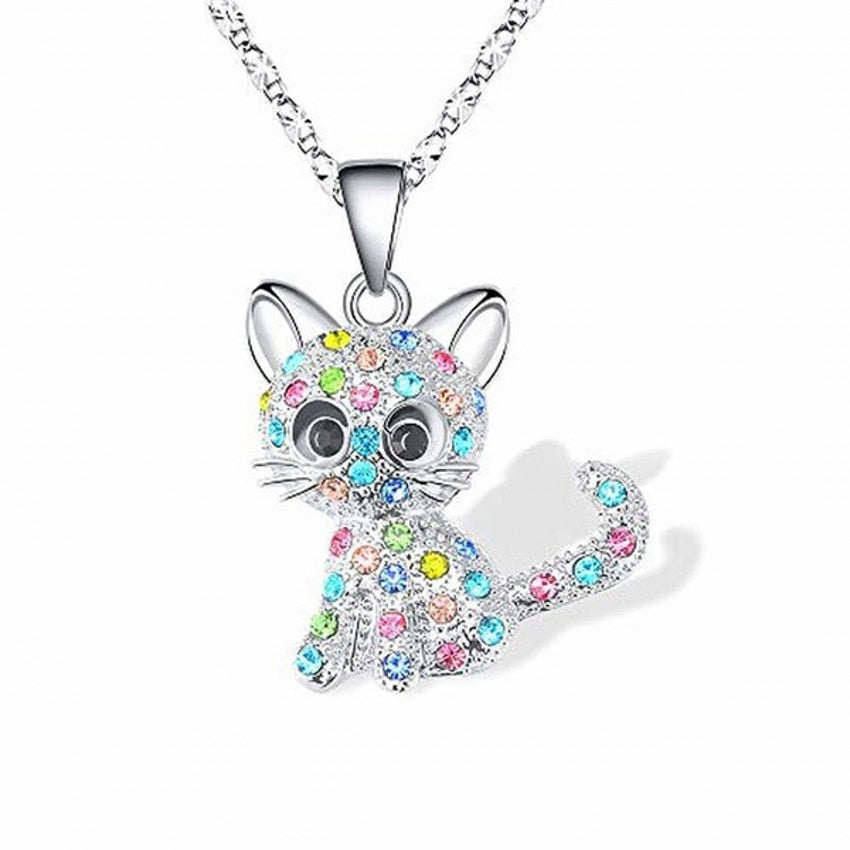 Girls Cute Cat Pendant Necklace Children Fashion Crystal Necklaces Jewelry