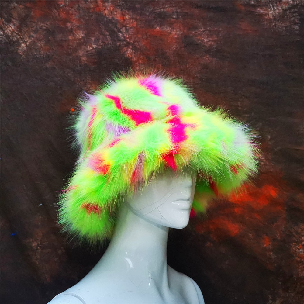 Rainbow Faux Fur Cap Fashion Bucket Hat