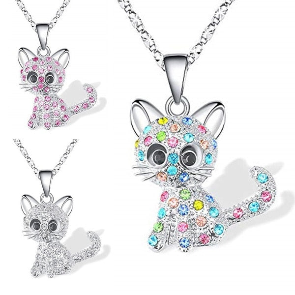 Girls Cute Cat Pendant Necklace Children Fashion Crystal Necklaces Jewelry