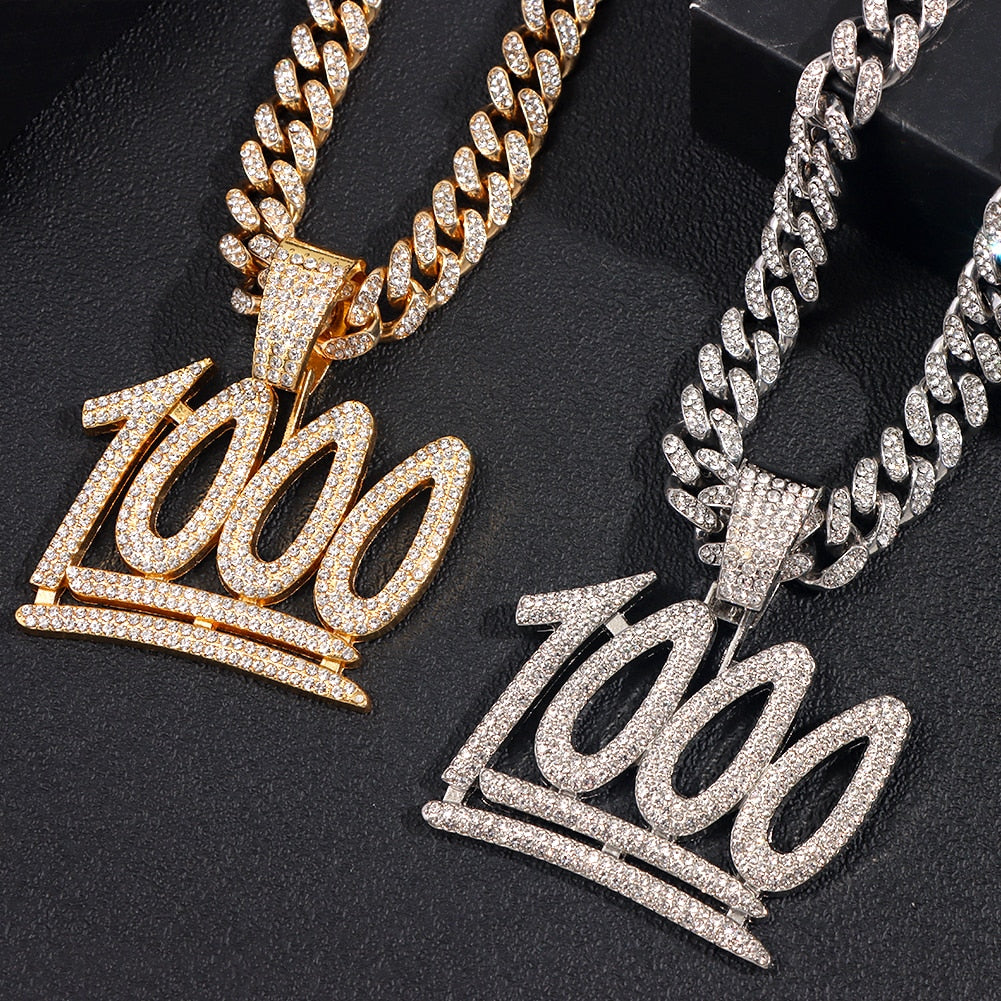 Iced Out 1000 Number Rhinestone Pendant Necklace Jewelry