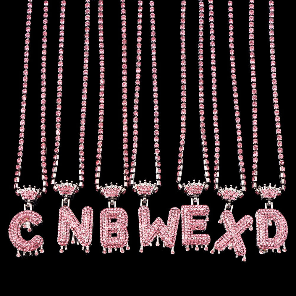Bling Rhinestone Drip Initial Pendant Necklace Pink Crown Crystal Jewelry