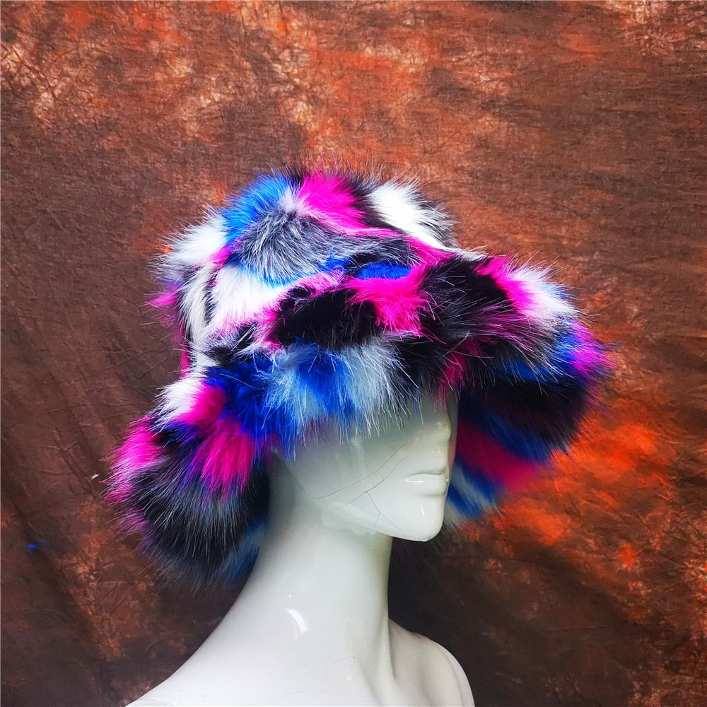 Rainbow Faux Fur Cap Fashion Bucket Hat