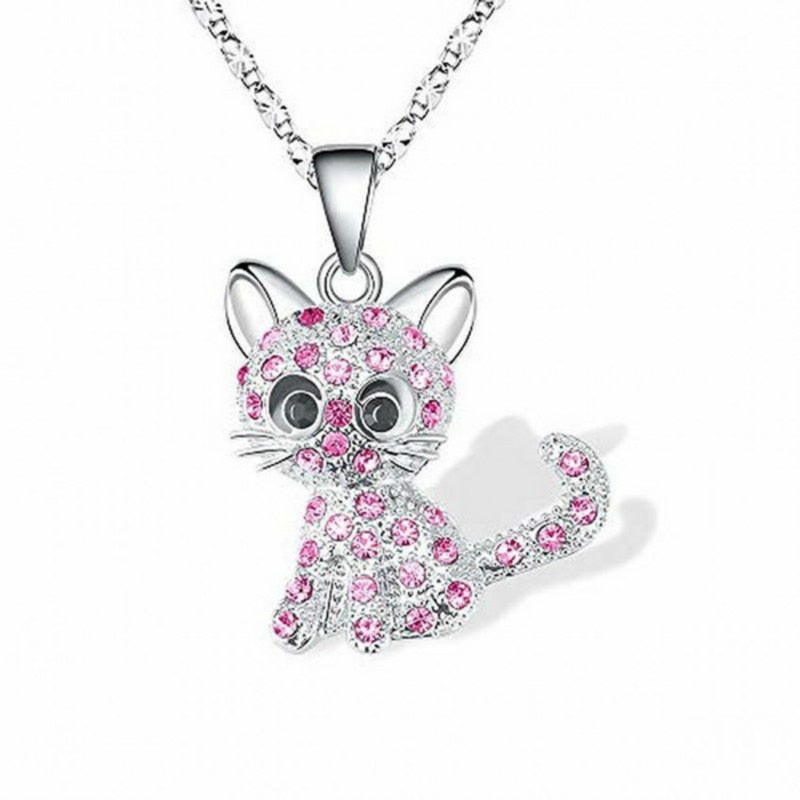 Girls Cute Cat Pendant Necklace Children Fashion Crystal Necklaces Jewelry