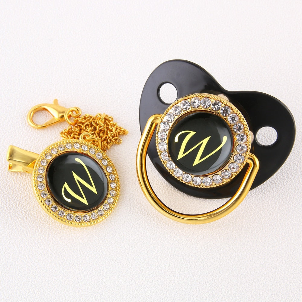 Baby Black Bling Pacifier With Clip Alphabet Letter Infant Pacifier Gold Letter Initials
