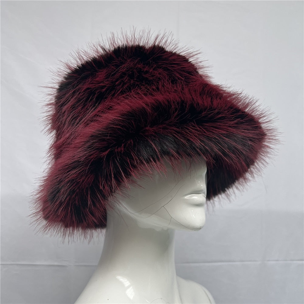 Rainbow Faux Fur Cap Fashion Bucket Hat
