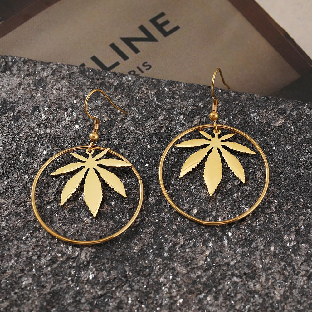 Stainless Steel Earrings Circle Weed Leaf Jewelry