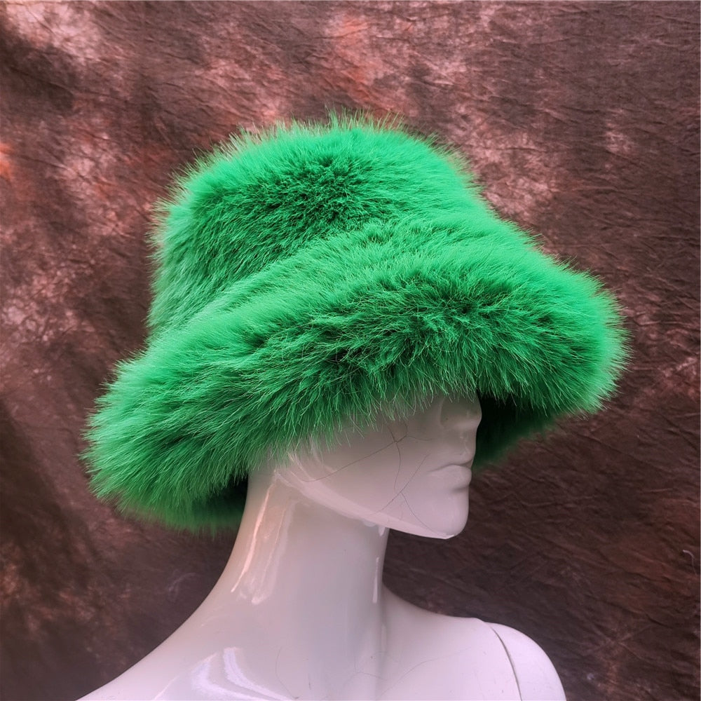 Rainbow Faux Fur Cap Fashion Bucket Hat