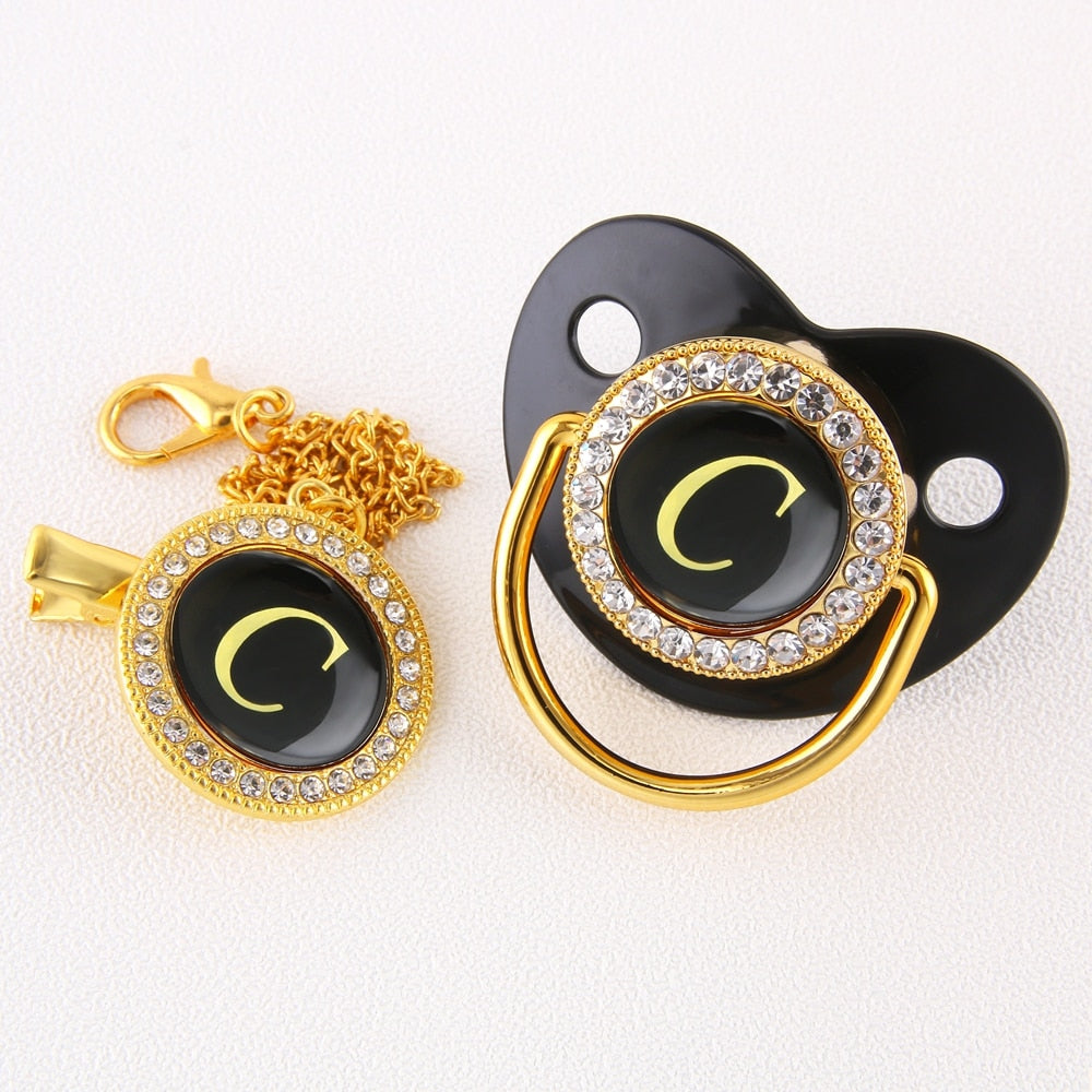 Baby Black Bling Pacifier With Clip Alphabet Letter Infant Pacifier Gold Letter Initials