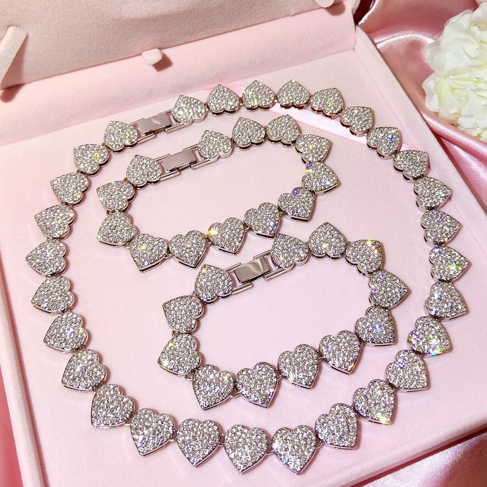 Crystal Heart Cuban Link Chain Necklace/ Ankle/ Bracelet for Women Rhinestones Tennis Necklace Jewelry