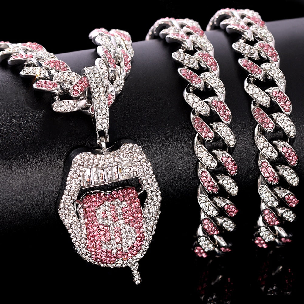 Dollar Tongue Pendant Necklace with Pink Crystal Cuban Chain Iced Out Bling Necklaces Jewelry