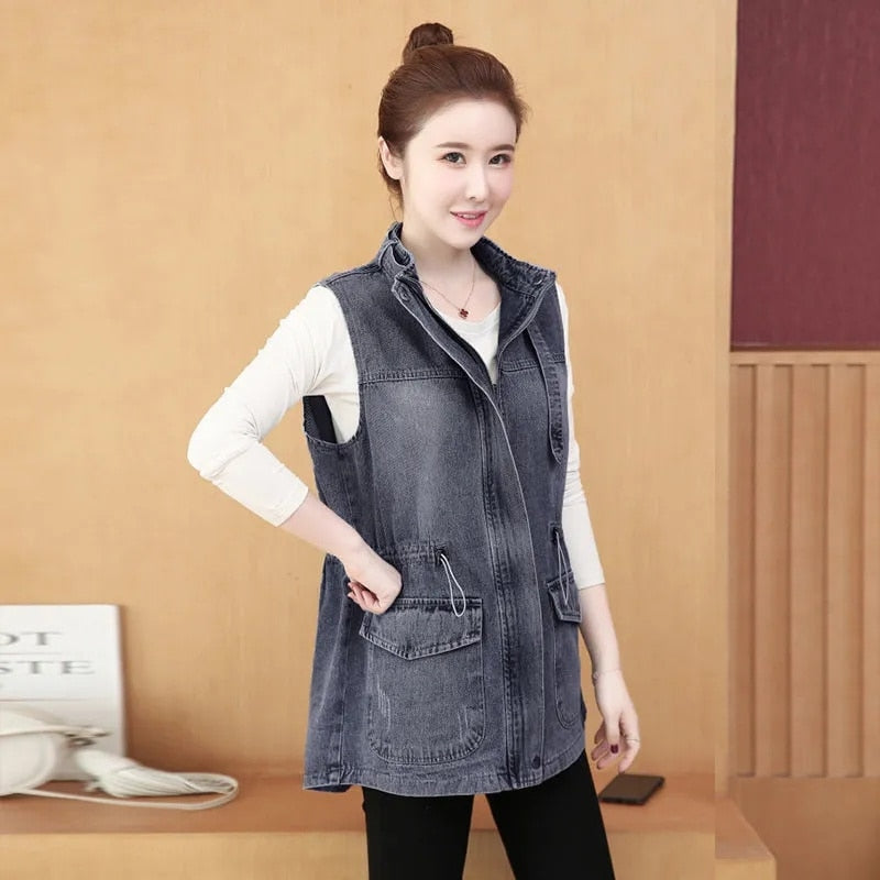 Denim Vest Jacket Sleeveless Adjustable Waist