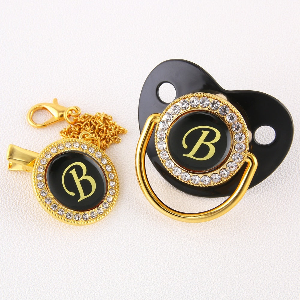Baby Black Bling Pacifier With Clip Alphabet Letter Infant Pacifier Gold Letter Initials