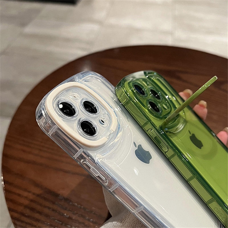 Transparent Folding Camera Lens Ring Stand Phone Case For iPhone Back Cover
