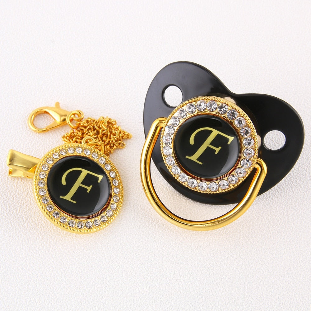 Baby Black Bling Pacifier With Clip Alphabet Letter Infant Pacifier Gold Letter Initials