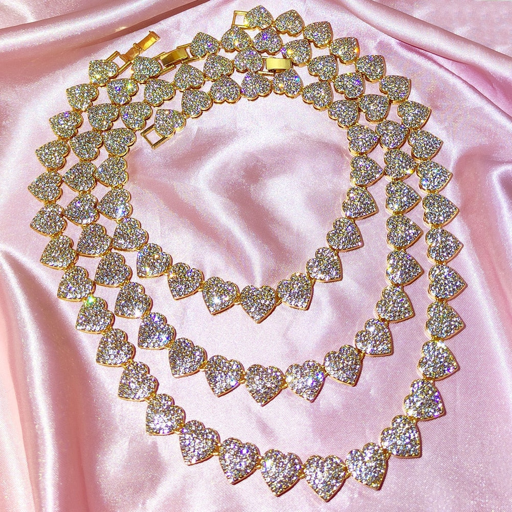 Crystal Heart Cuban Link Chain Necklace/ Ankle/ Bracelet for Women Rhinestones Tennis Necklace Jewelry