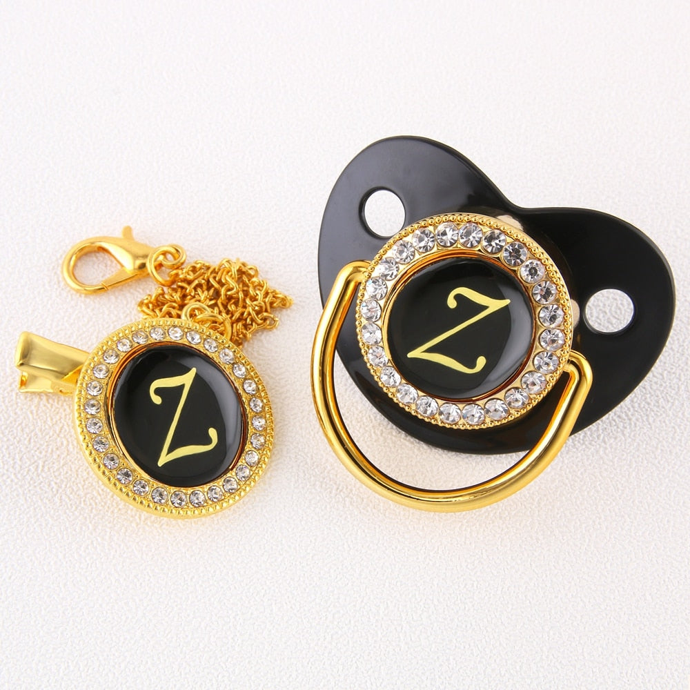 Baby Black Bling Pacifier With Clip Alphabet Letter Infant Pacifier Gold Letter Initials