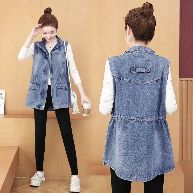 Denim Vest Jacket Sleeveless Adjustable Waist