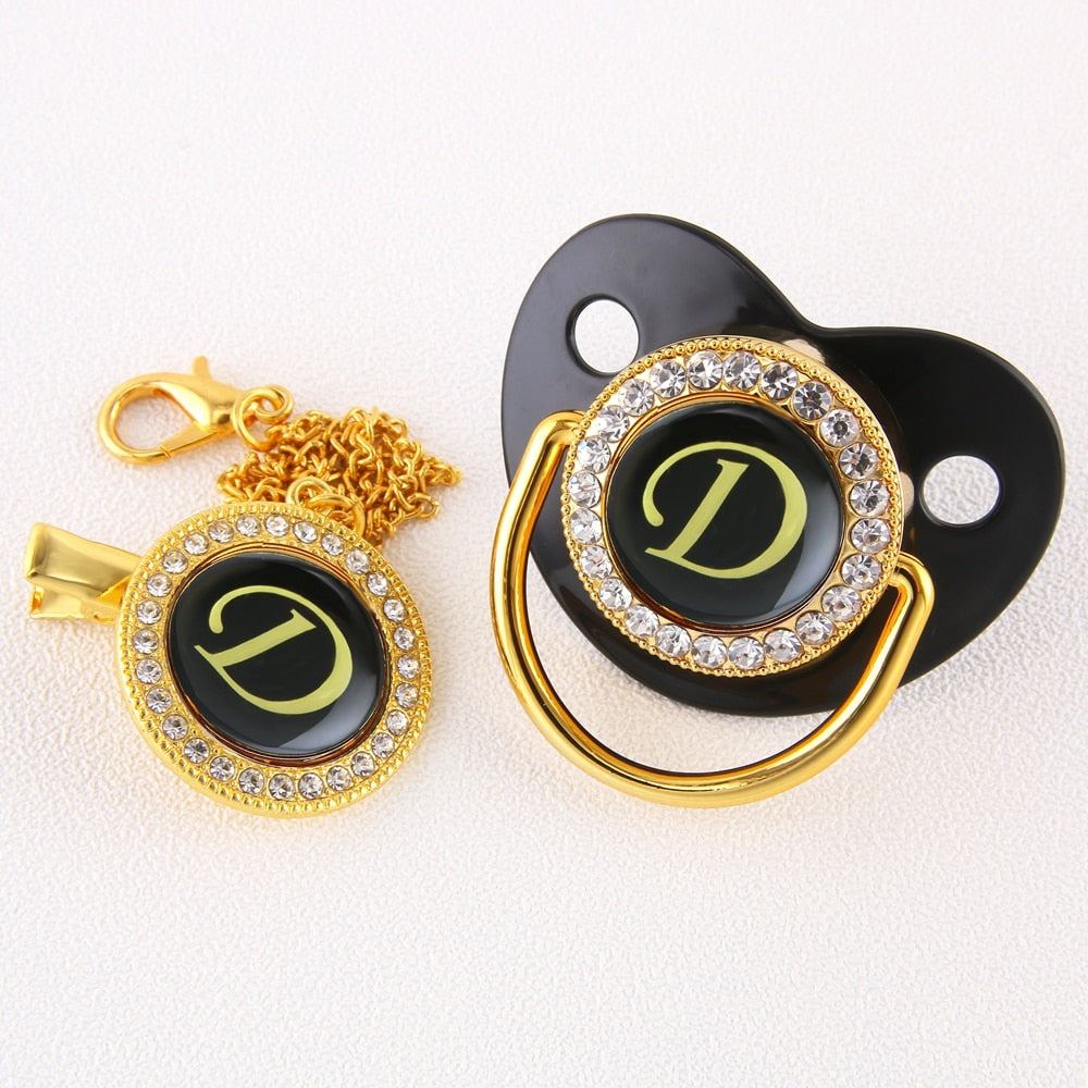 Baby Black Bling Pacifier With Clip Alphabet Letter Infant Pacifier Gold Letter Initials