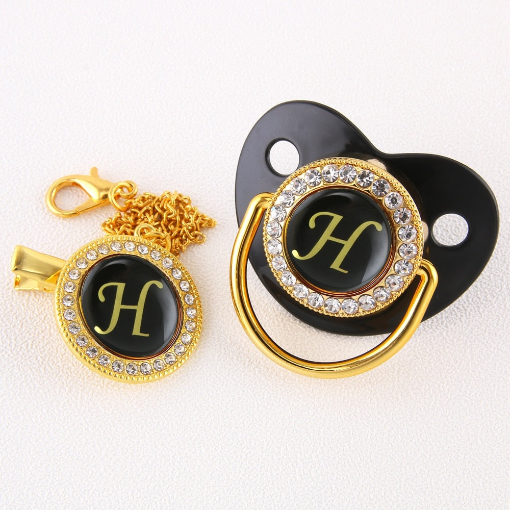Baby Black Bling Pacifier With Clip Alphabet Letter Infant Pacifier Gold Letter Initials
