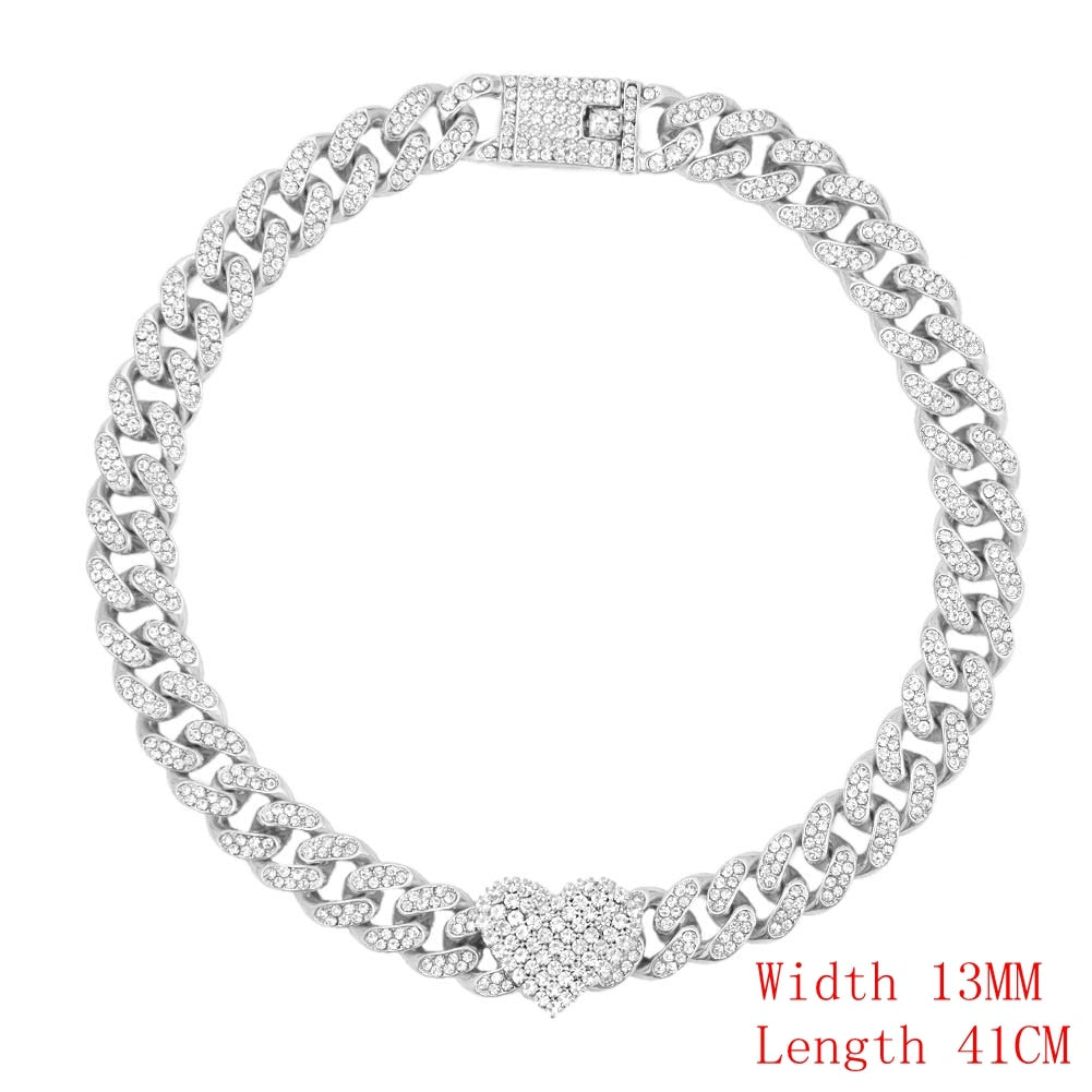 Crystal Heart Cuban Link Chain Necklace/ Ankle/ Bracelet for Women Rhinestones Tennis Necklace Jewelry