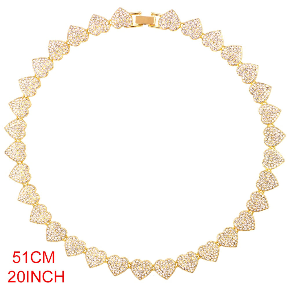 Crystal Heart Cuban Link Chain Necklace/ Ankle/ Bracelet for Women Rhinestones Tennis Necklace Jewelry