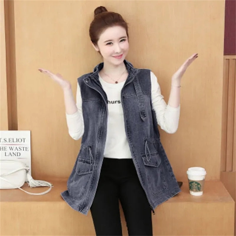 Denim Vest Jacket Sleeveless Adjustable Waist